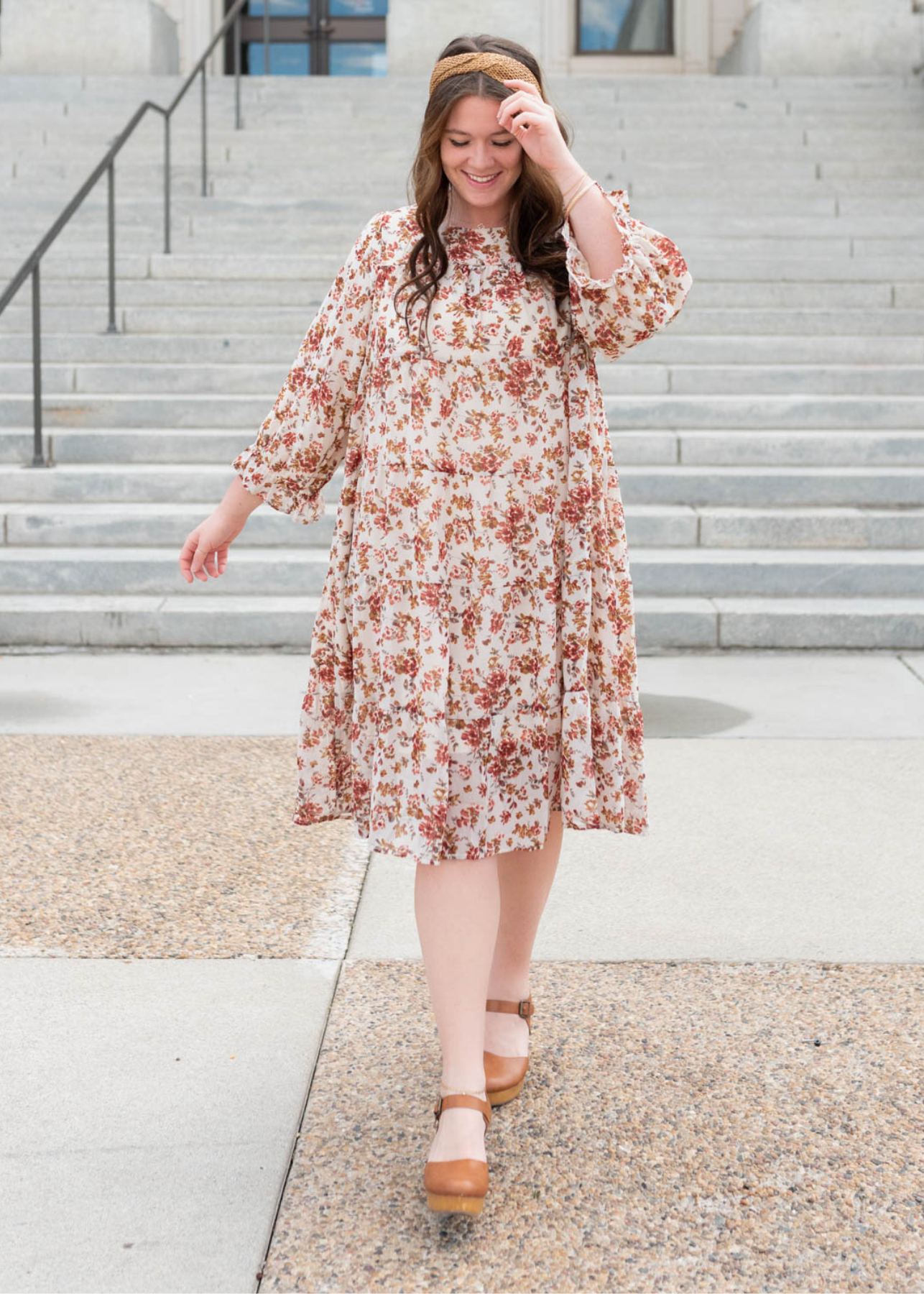 Below the knee plus size cream floral tiered dress