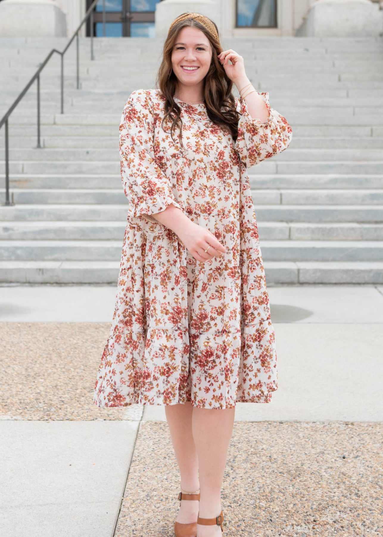 Plus size cream floral tiered dress with long sleeves