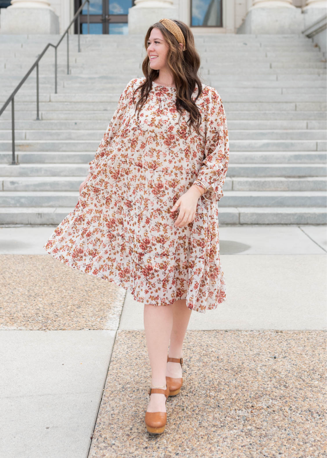 Plus size long sleeve cream floral tiered dress