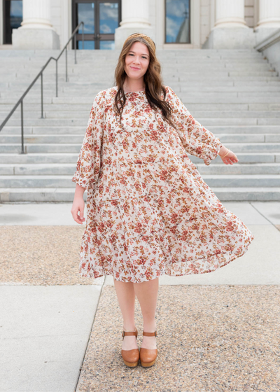 Plus size cream floral tiered dress