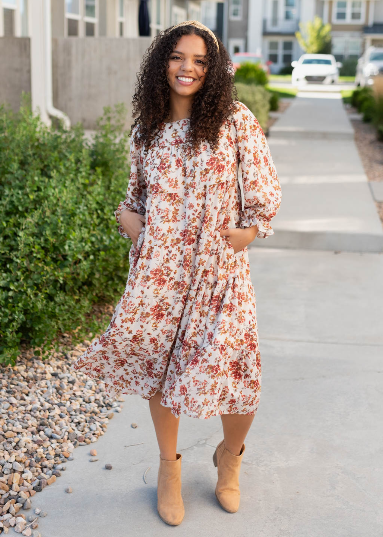 Cream floral tiered dress with long sleeves