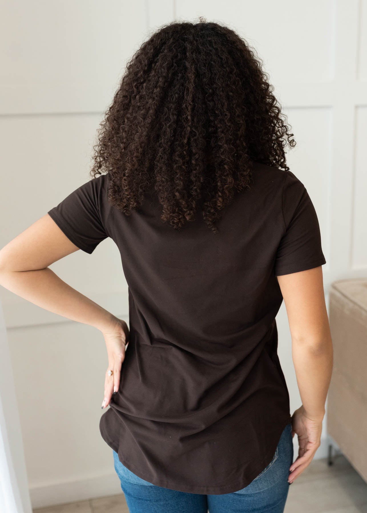 Back view of the classic brown v-neck top