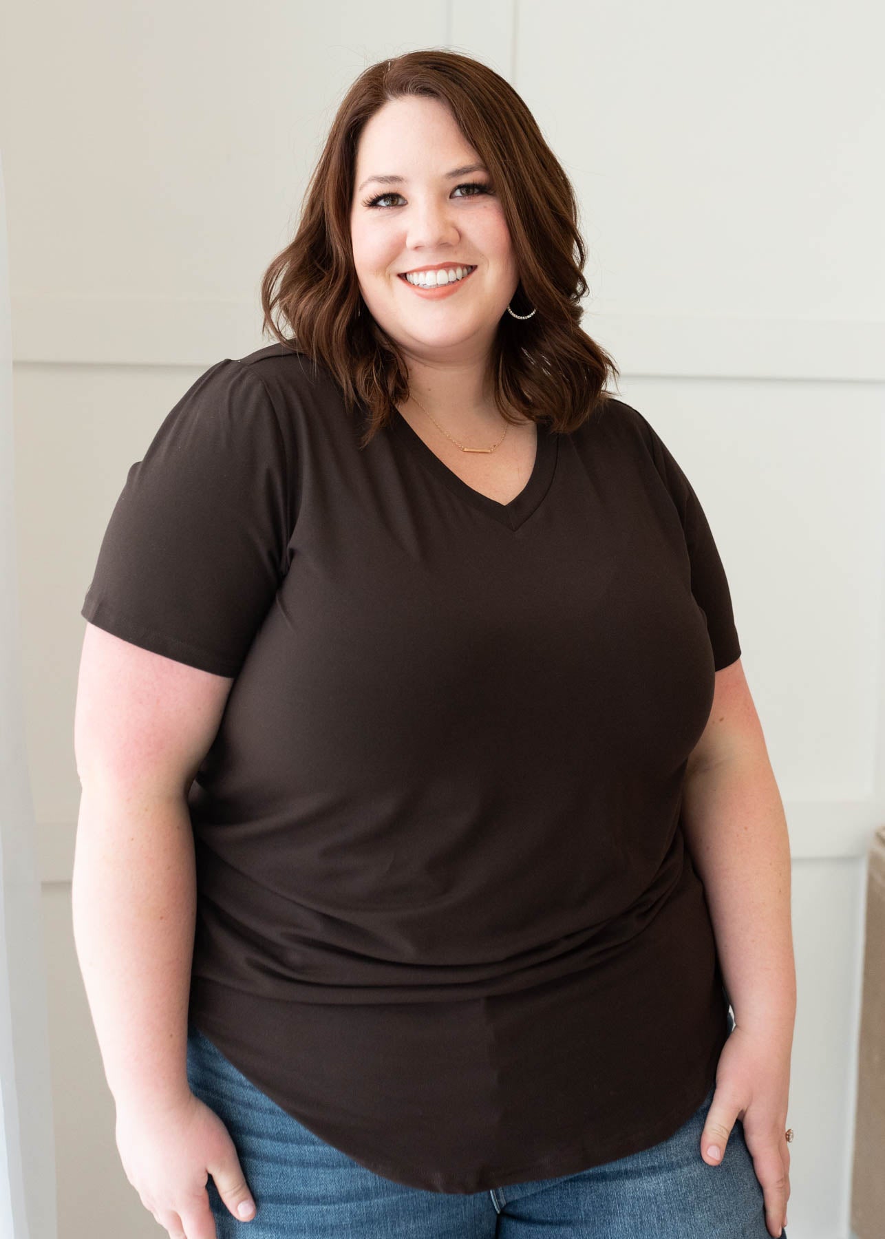 Plus size classic brown v-neck top with short sleeves