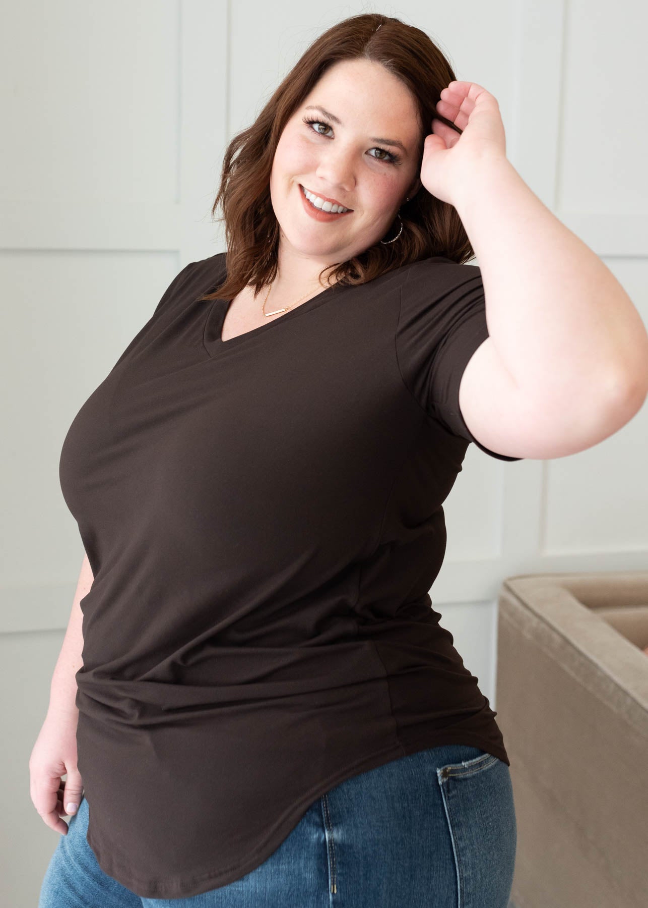 Short sleeve plus size classic brown v-neck top