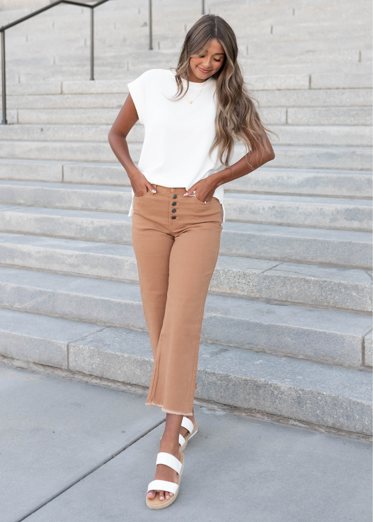 Camel wide leg pants with frayed edge