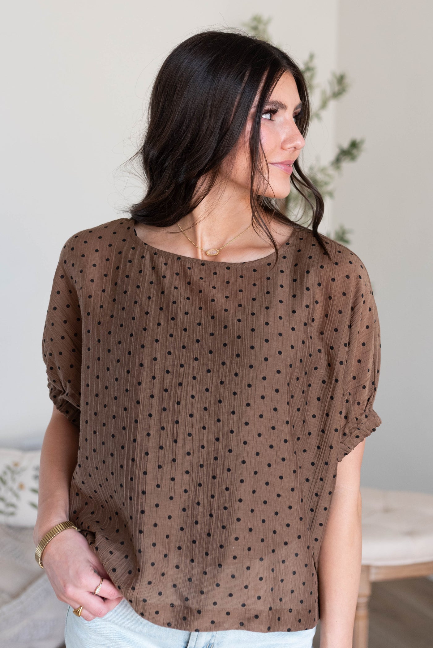 Short drop sleeve chocolate polka dot top