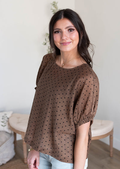 Short sleeve chocolate polka dot top