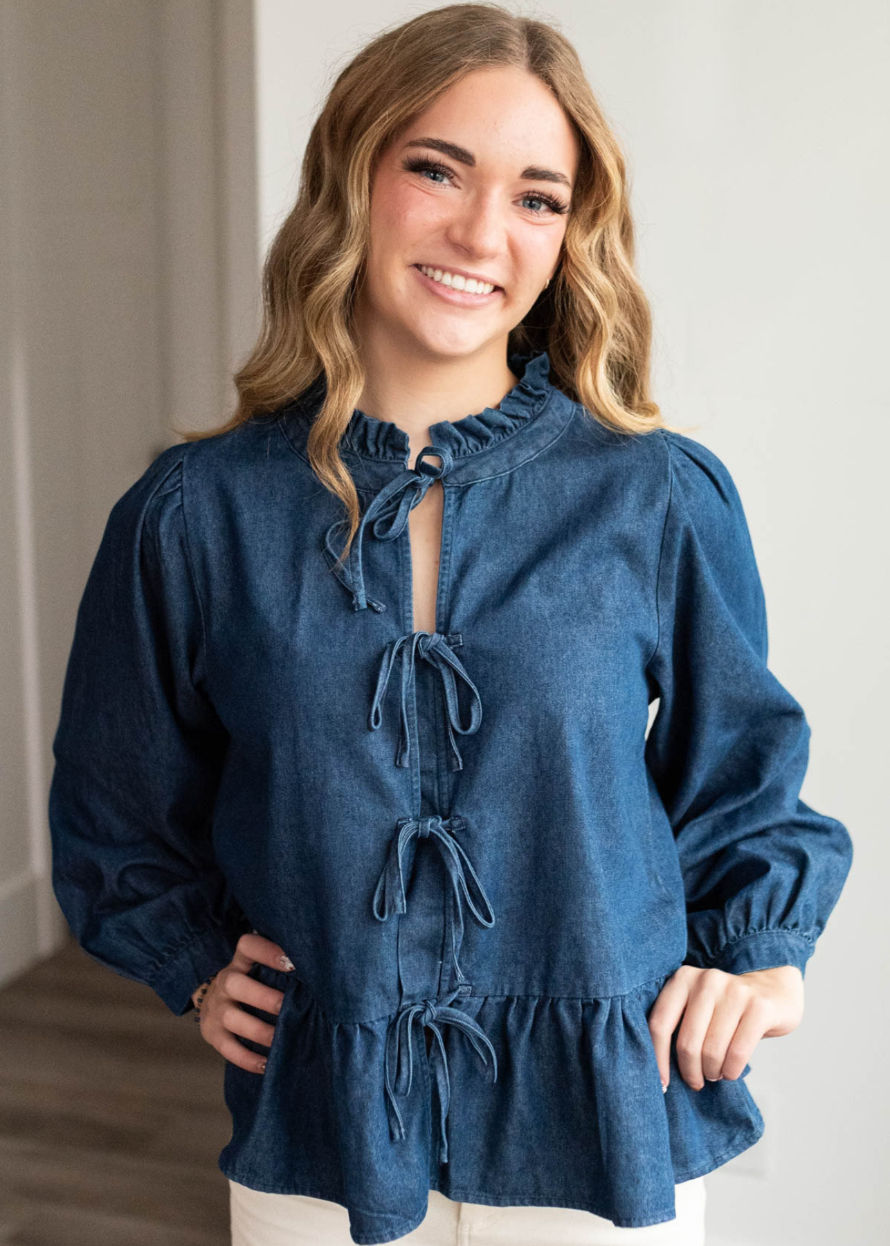 Dark denim bow top