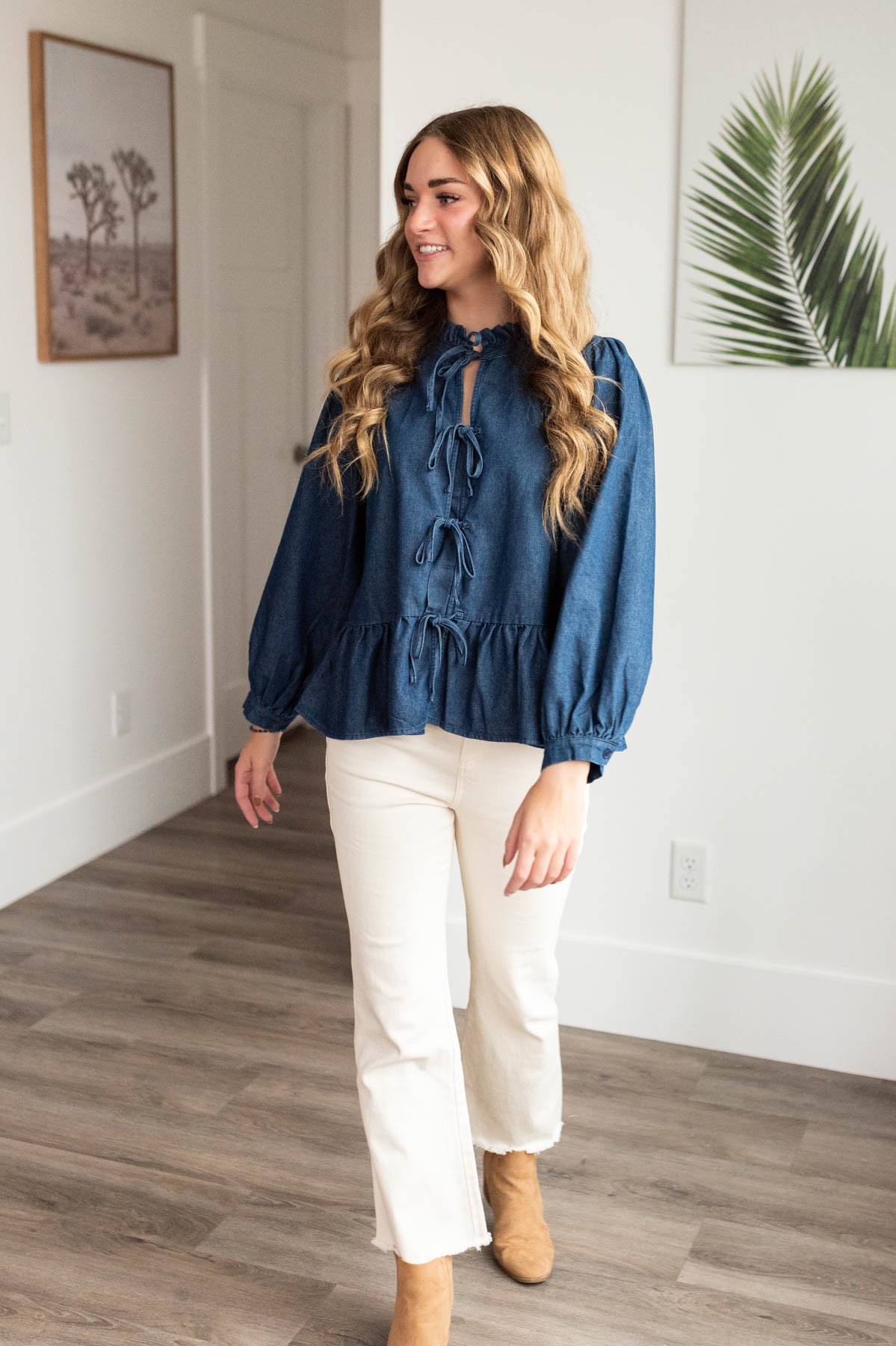 Long sleeve dark denim bow top