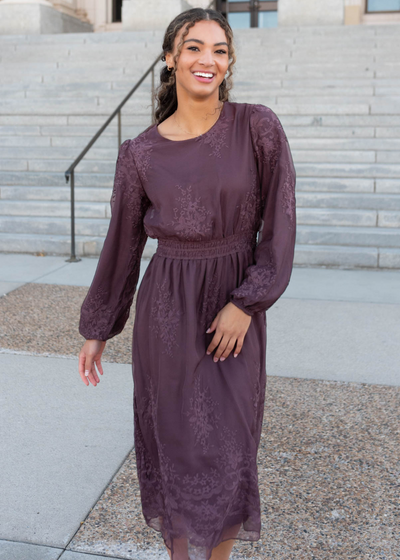 Dusty plum embroidered chiffon dress with long sleeves