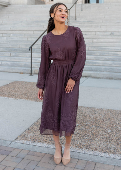 Long sleeve dusty plum embroidered chiffon dress