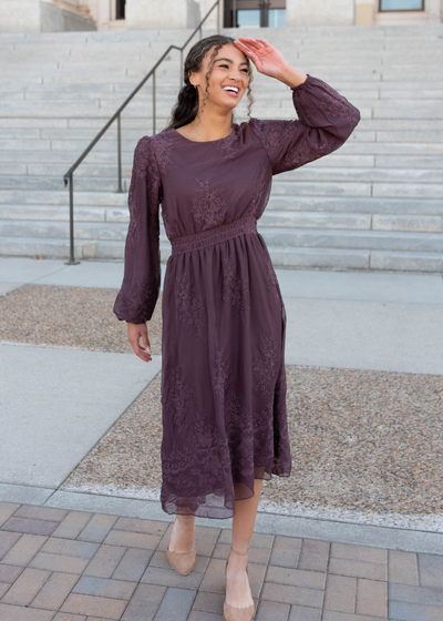 Dusty plus embroidered chiffon dress