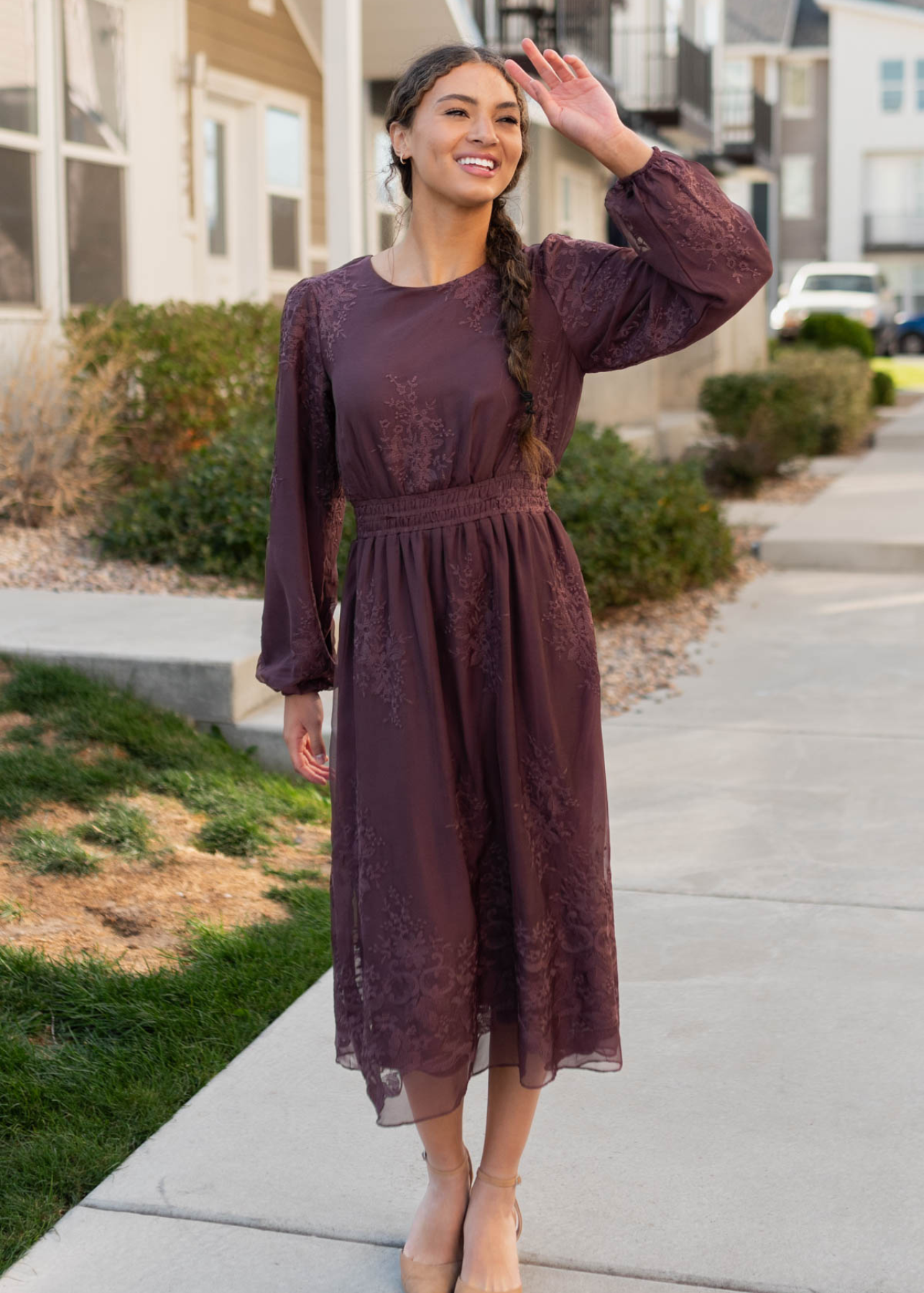 Long sleeve dusty plum embroidered chiffon dress