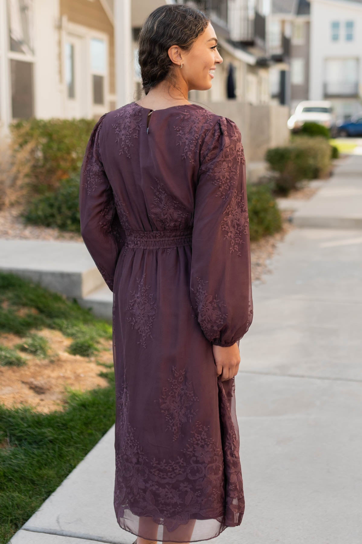 Back view of the dusty plum embroidered chiffon dress