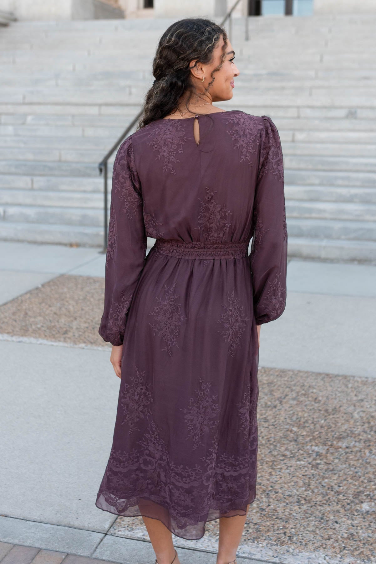 Back view of the dusty plum embroidered chiffon dress