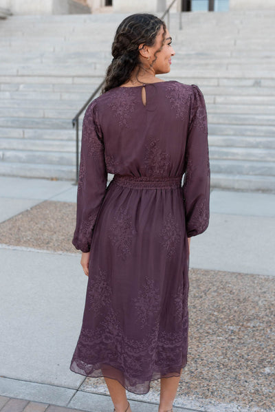 Back view of the dusty plum embroidered chiffon dress