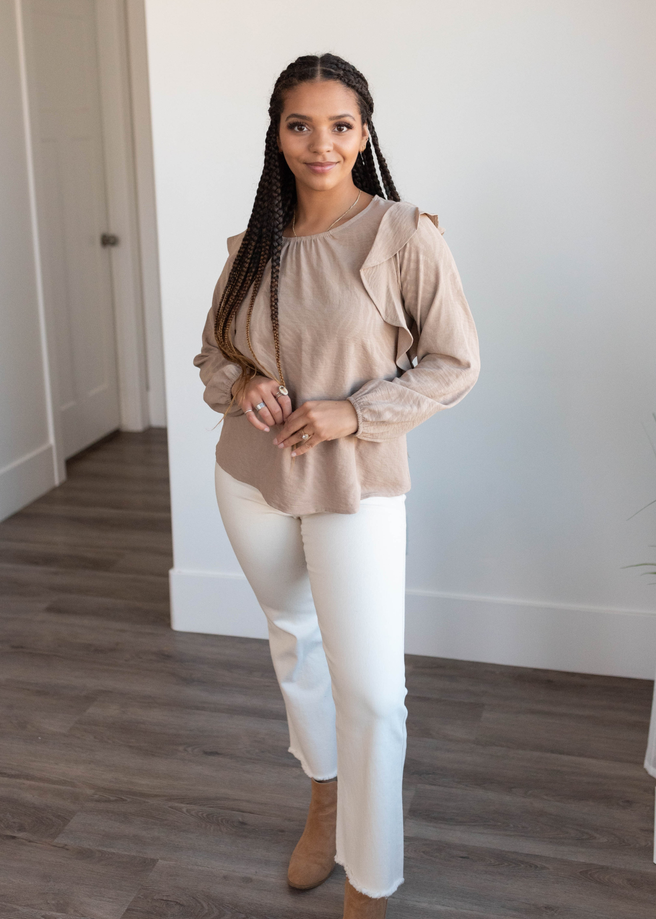 Ruffle sleeve beige long sleeve top with elastic cuffs