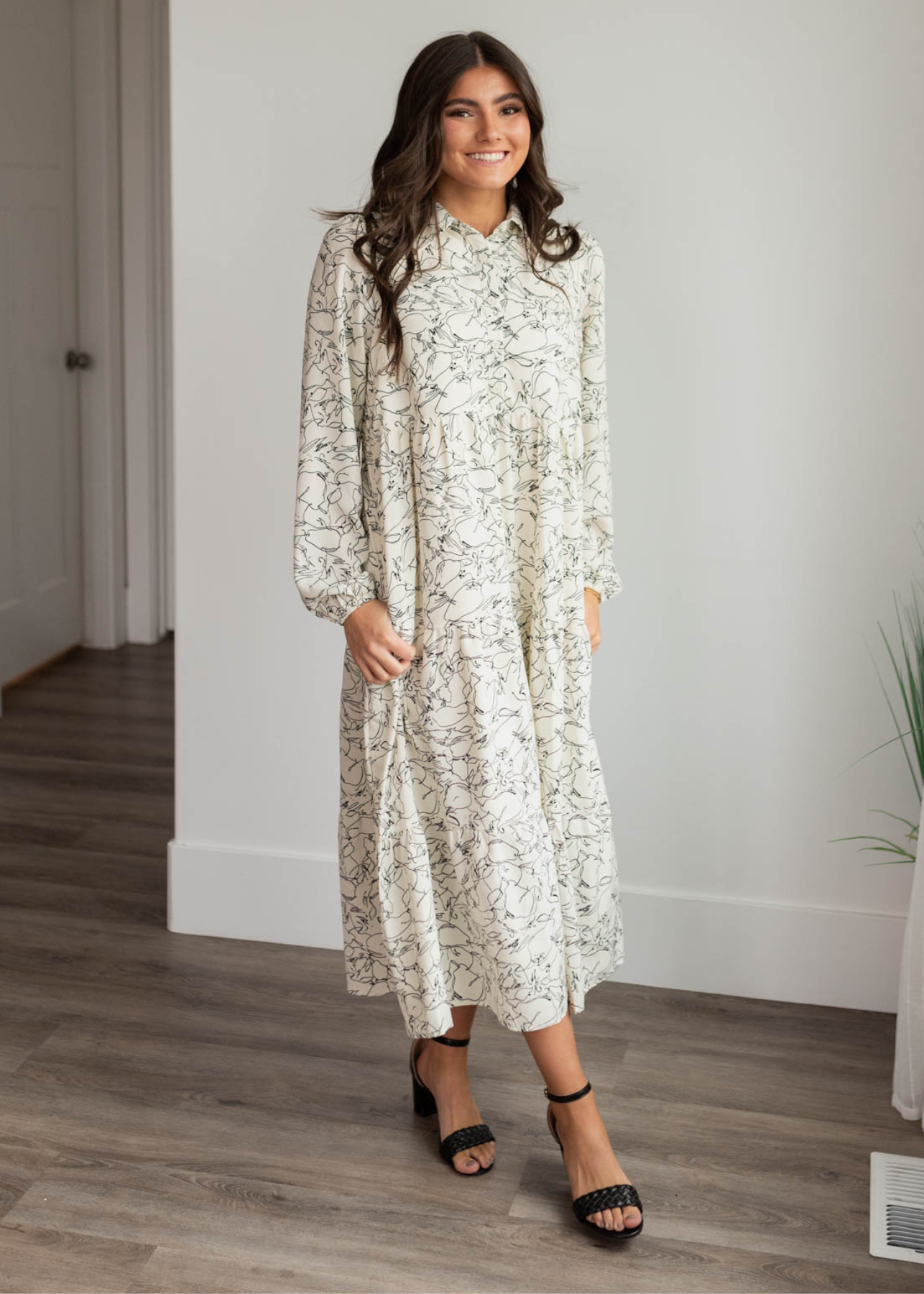 White floral pattern dress with long sleeves