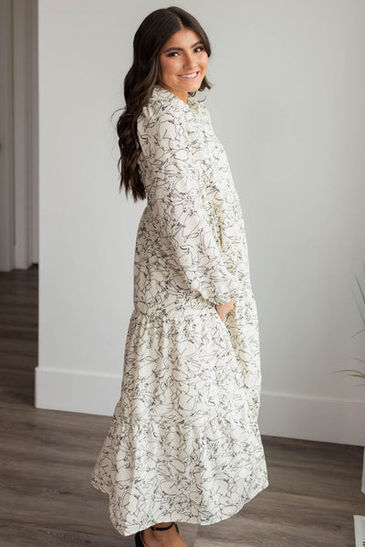 Side view of the white floral pattern dress