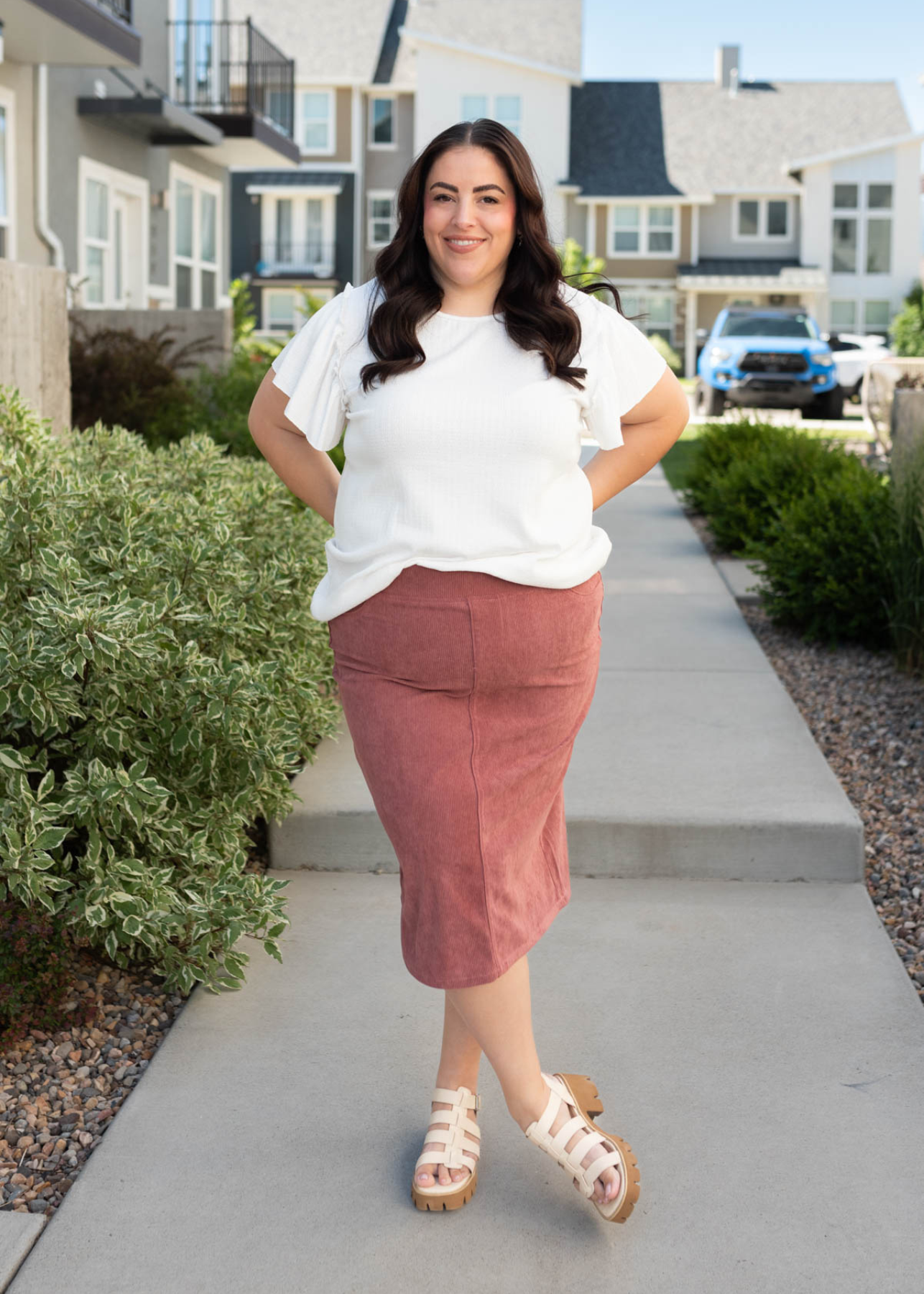 Below the knee plus size dusty rose corduroy skirt