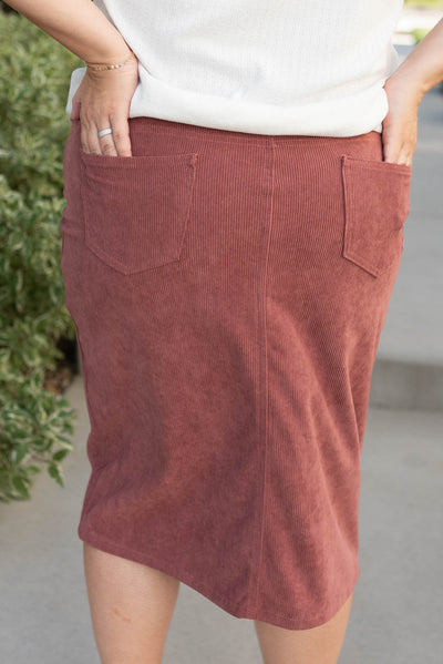 Back view of the plus size dusty rose corduroy skirt