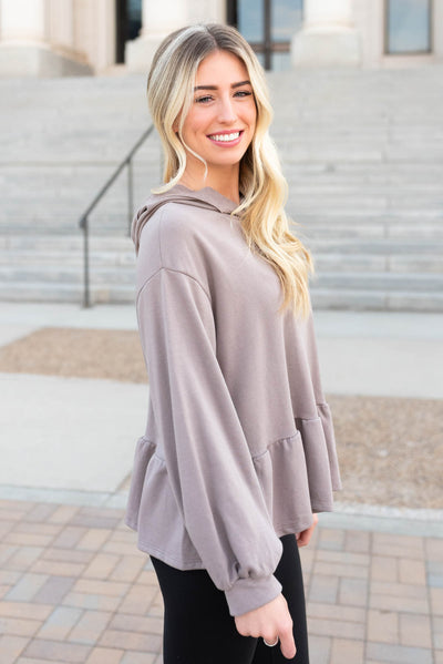 Side view of the mocha ruffle pullover