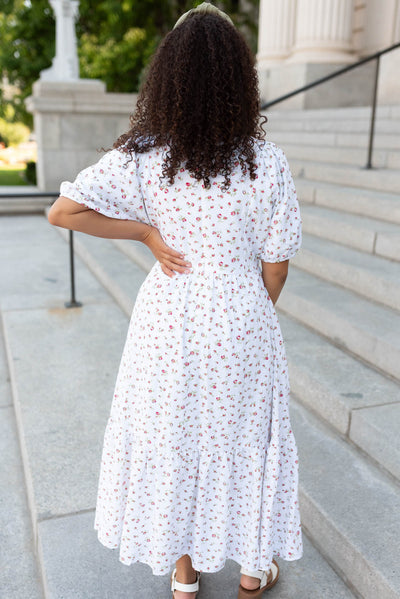 Back view of the white red floral dress