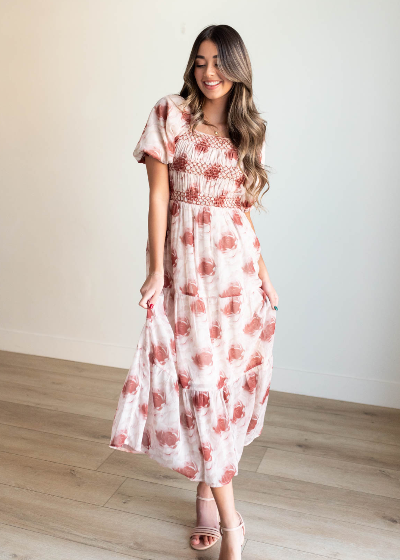 Short sleeve rose floral tiered dress