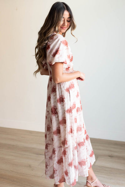 Side view of the rose floral tiered dress