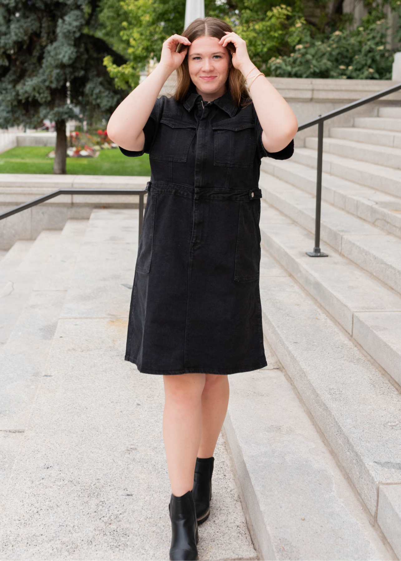 Black denim zipper dress with short sleeves