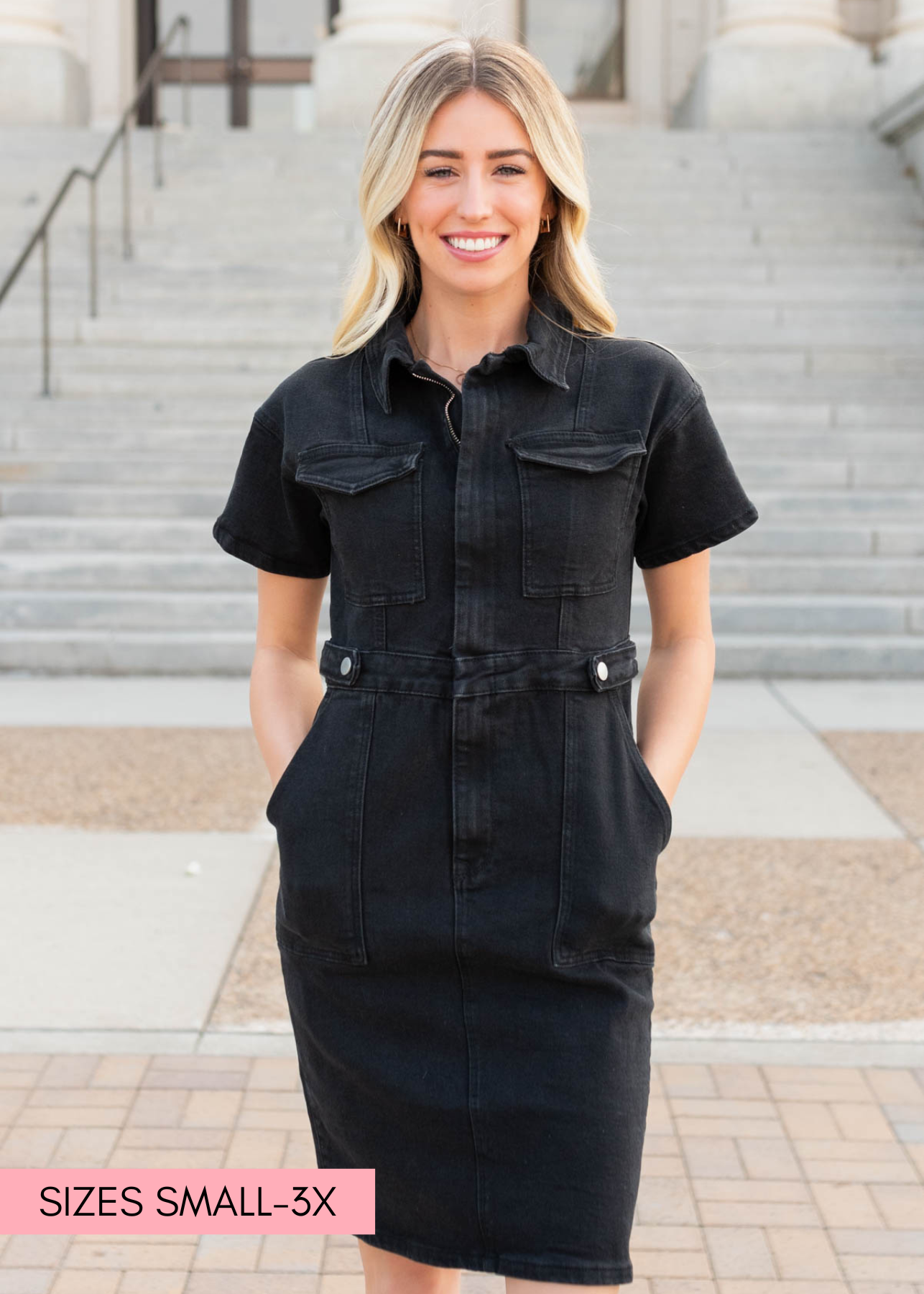 Black denim zipper dress with pockets on the bodice