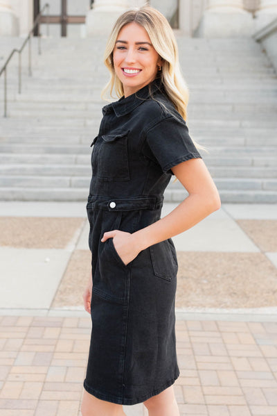 Side view of the black denim zipper ress