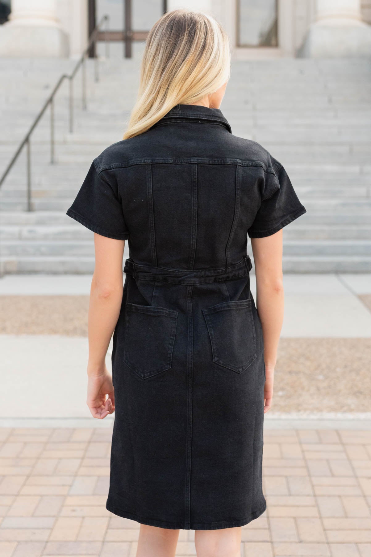 Back view of the black denim zipper dress