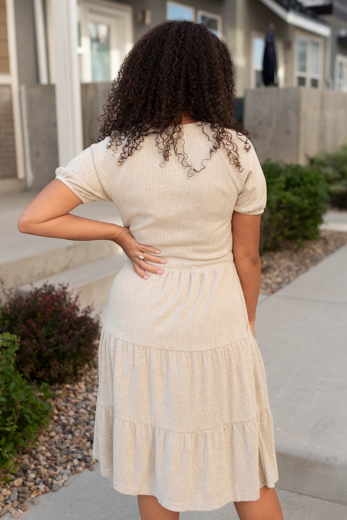 Back view of the oatmeal ribbed dress