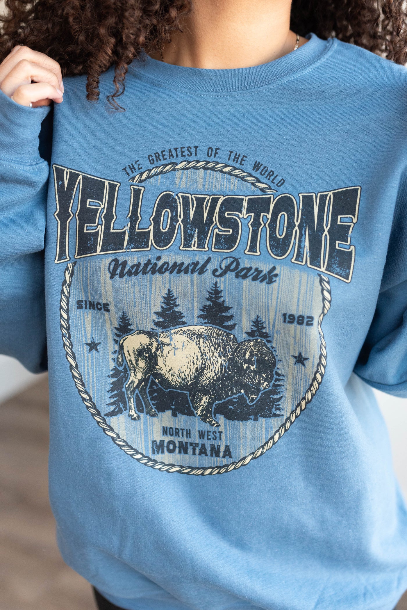 Close up of the graphic on the Yellowstone National Park sweatshirt