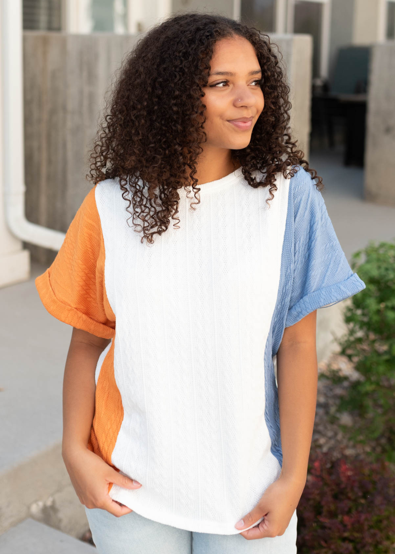 Blue orange color block top with cuff sleeves