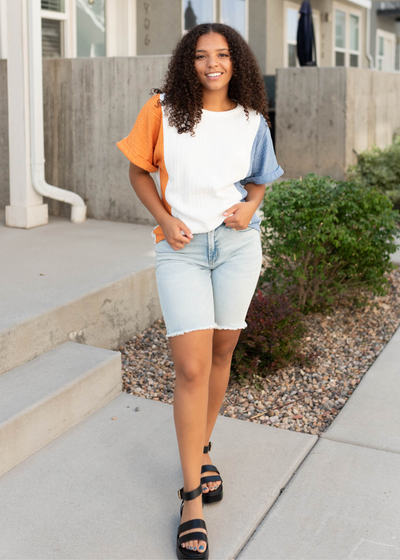 Blue orange color block top