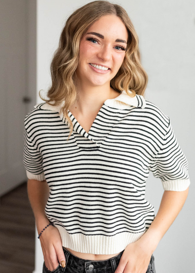 Short sleeve black stripe collared sweater