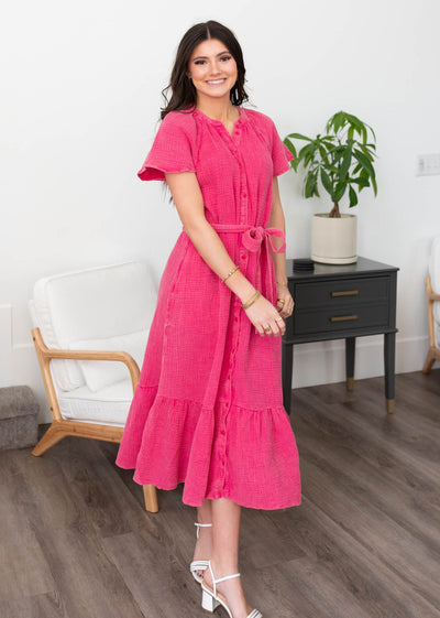 Pink button down dress with short sleeves