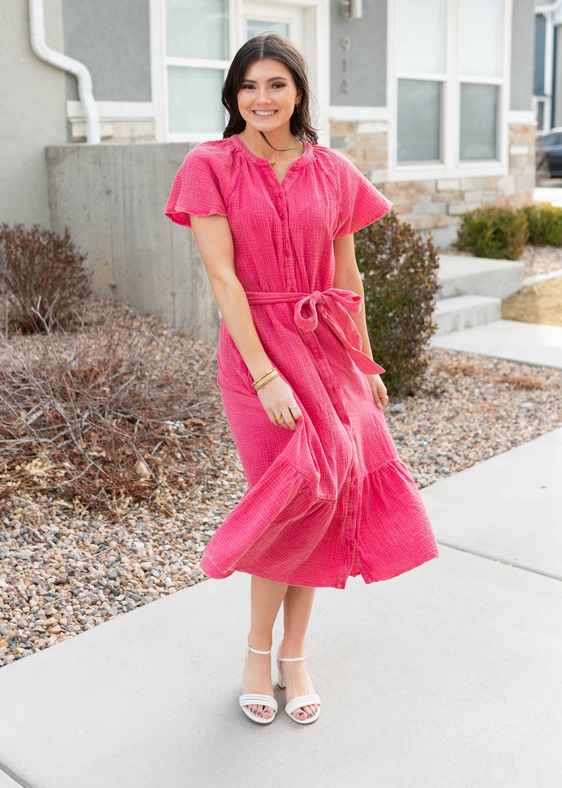 Pink button down dress with flutter sleeves