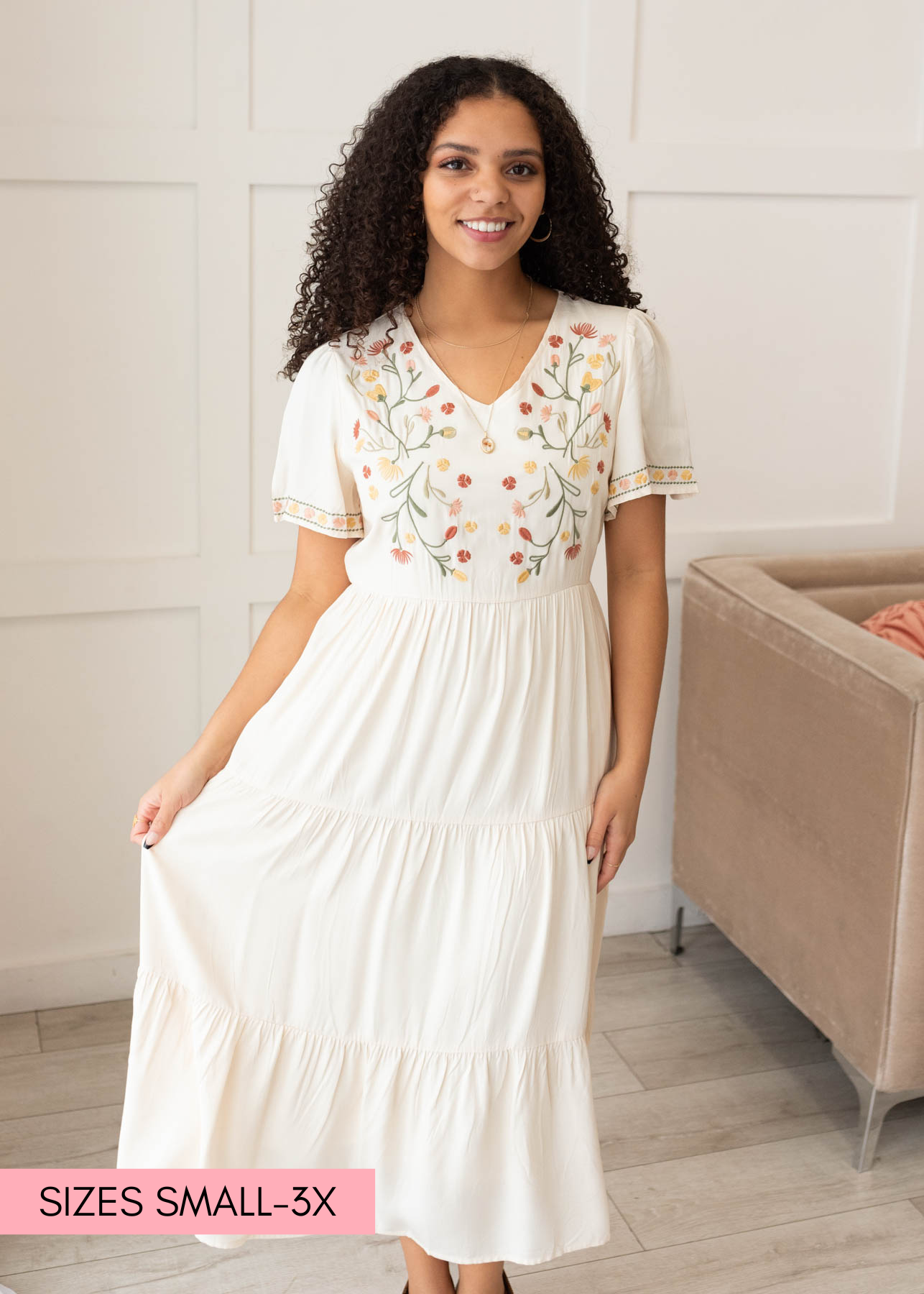 Ivory embroidered tiered dress