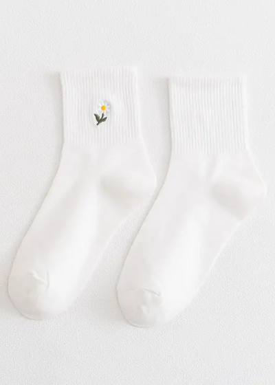 White embroidered flower socks